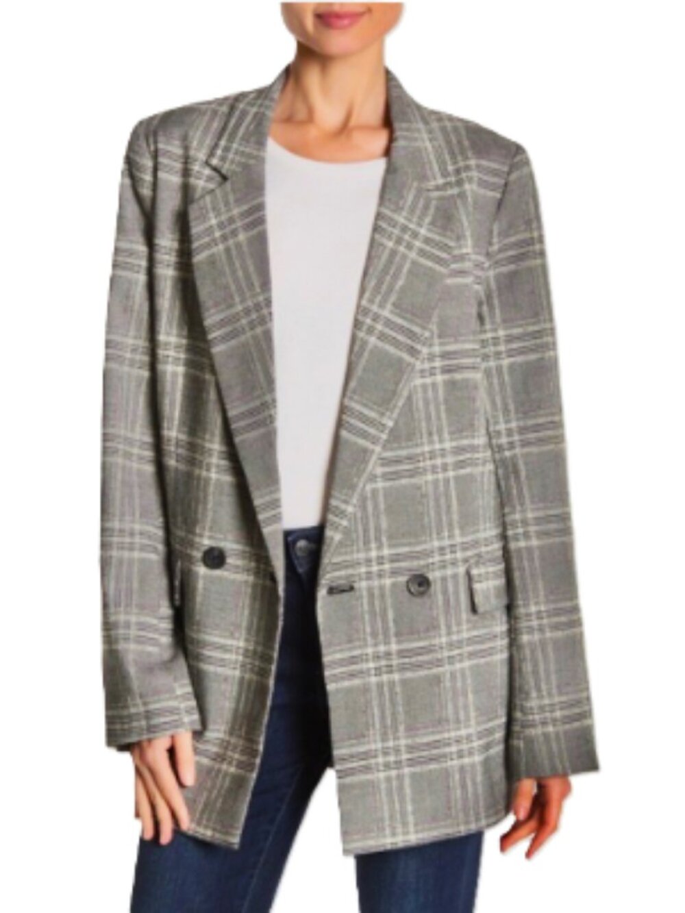 Free People Size L Uptown Girl Sporty Gray Black Plaid Oversized Blazer